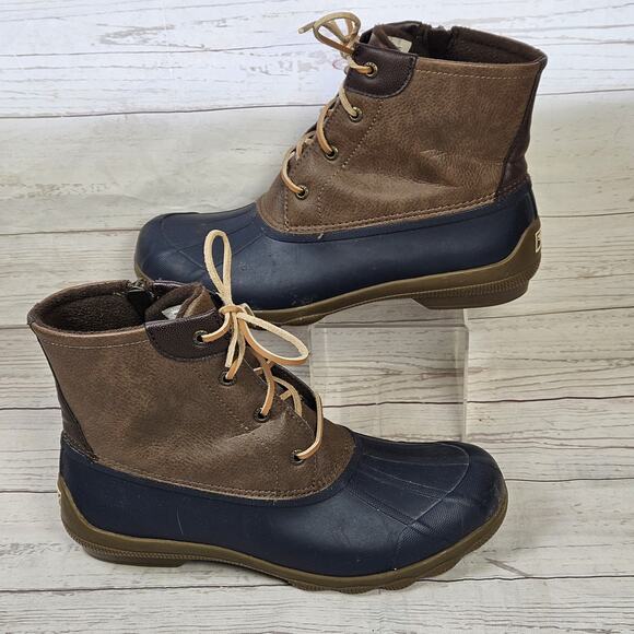 SPERRY Saltwater Womens Dark Brown Leather and Blue Rubber Duck Boots Size 9 - Picture 1 of 7